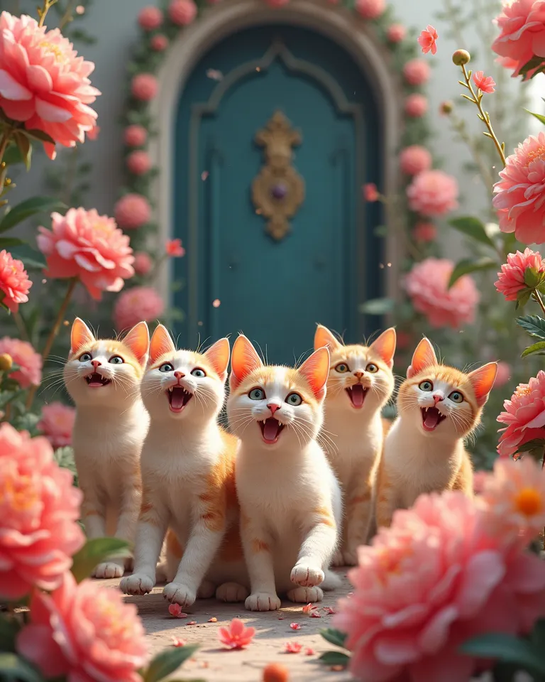 surrealism, six beautiful happy cats, a door, all in huge peonies, joyfully bright and festive