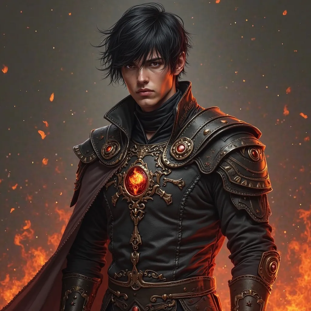 make me a 18 years old realistic man with a black curtain hair style black narow eyes he is wearing a fantasy cloths for upper body Hellfire Combat Coat Infernal Core Chestplate Flame Vein Undershirt for lower body is Emberforged Combat Pants Hellstride Bo...