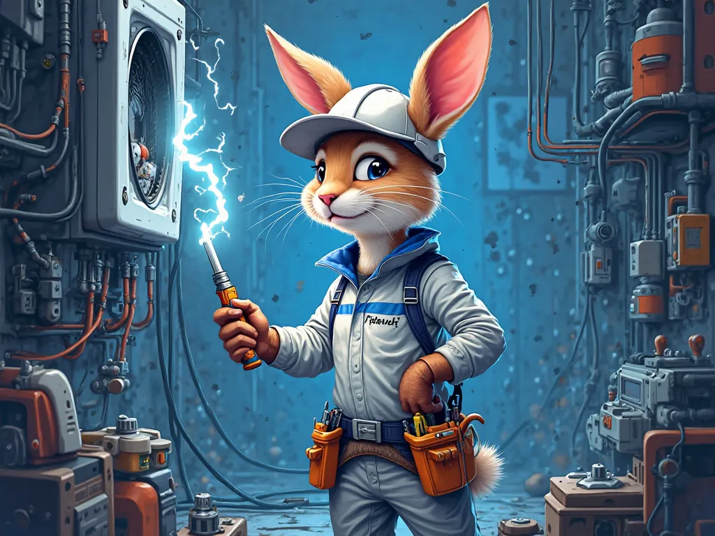 Create a highly detailed digital illustration of an anthropomorphic character — an electrician hare named 'PITERVOLT'.
His clothes should have Pitervolt.ru written in large letters

The character should be depicted in a dynamic pose, performing electrical ...