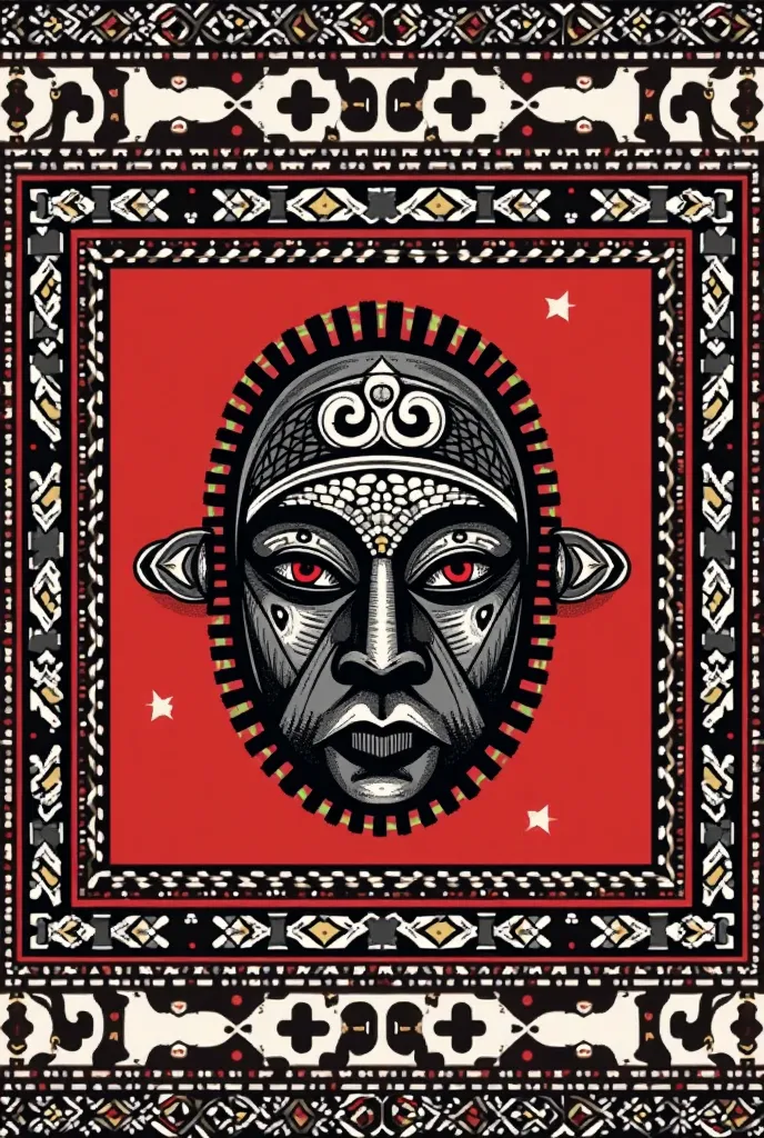 Create a seamless African-themed vector pattern in an illustrator-style, inspired by traditional African textile and tribal motifs. The design should follow the structured layout of classic bandanas, with a bold red background and intricate black-and-white...