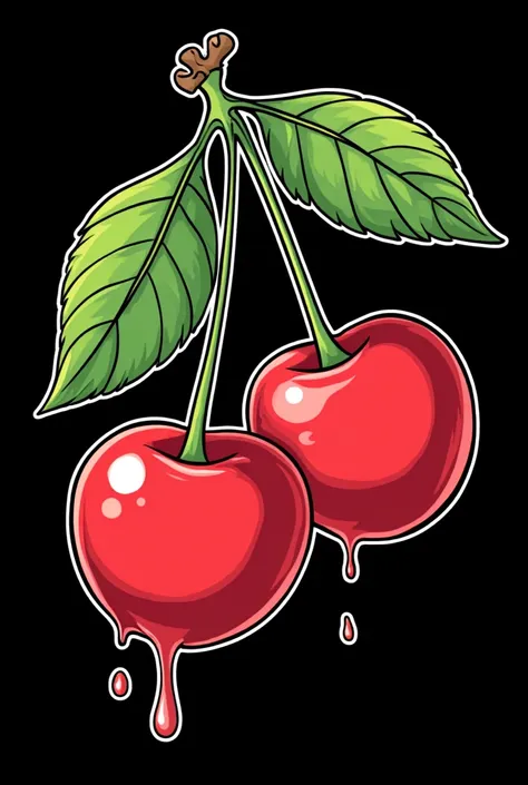 Create a t-shirt design featuring a bold and playful cherry theme that works seamlessly on both black and white backgrounds. The design should focus on vibrant, glossy cherries with a rich, seductive red color, accented by lush green leaves with sharp, cle...