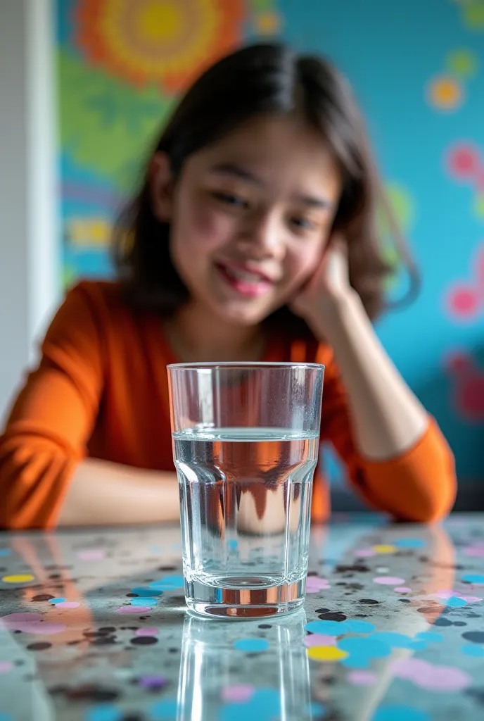 A creative self-portrait of a person (modeling as themselves) indoors, artfully combining optical phenomena using everyday household items. The image is split into four segments seamlessly blended:

Refraction: On one side, the person leans over a table wh...