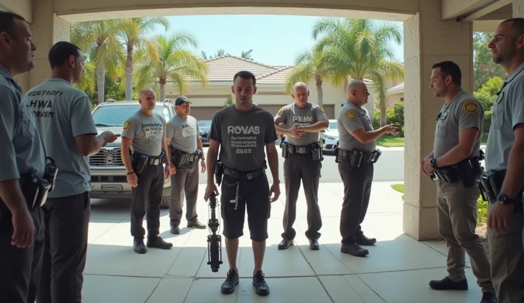 In front of him are several HOA police officers with "HOA security" written on their t-shirts. One of them is ahead of the rest and has his prosthetic leg in one hand. With the other hand he is pointing at the angry screaming boy. This police officer has j...