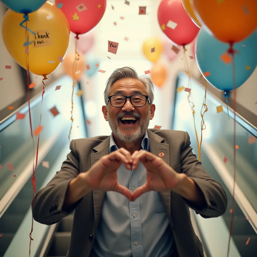 Middle-aged Japanese man (50s) with thick black-rimmed glasses, stubble, and salt-and-pepper hair coming up an escalator, making a heart shape with both hands and smiling widely. Festive atmosphere with confetti and balloons floating around him. 'Thank You...