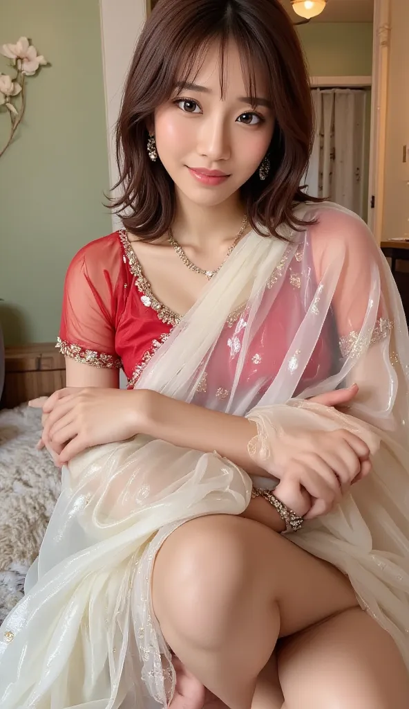  40 year old Indian married woman watching viewers , shiny reflective polyester plus size transparent white silk long sari and a red silk blouse ,  big fat ass ,wide hips,thighs are thick, Scooped large breasts, attractive body, thick wide butt  ,messy bun...