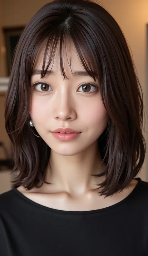 「Japanese woman、black haired short bob、 quick bangs、deep eyes 、 White Skin Like Pottery、Mysterious and unique beauty、Delicate, sharp facial features、 fashion show background （Avant-garde dresses and oversized coats）、Minimal makeup and bold lips、Moody, arti...