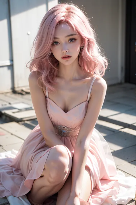 light pink hair, pink eyes, Pink and white, bright colors, white dress, The paint is , Black, ray tracing, wave hair