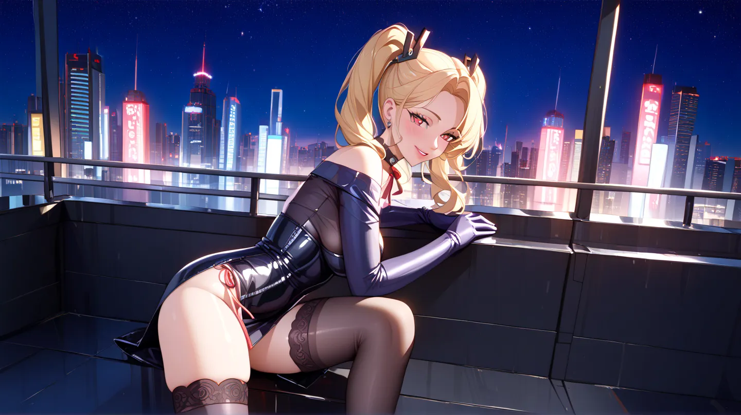 Masterpiece, Best Quality, Top Quality, Very Detailed, A stunning anime-style illustration of a captivating blonde woman with twin ponytails, sitting elegantly on a high-rise balcony overlooking a futuristic cityscape at night. She wears a sleek, form-fitt...