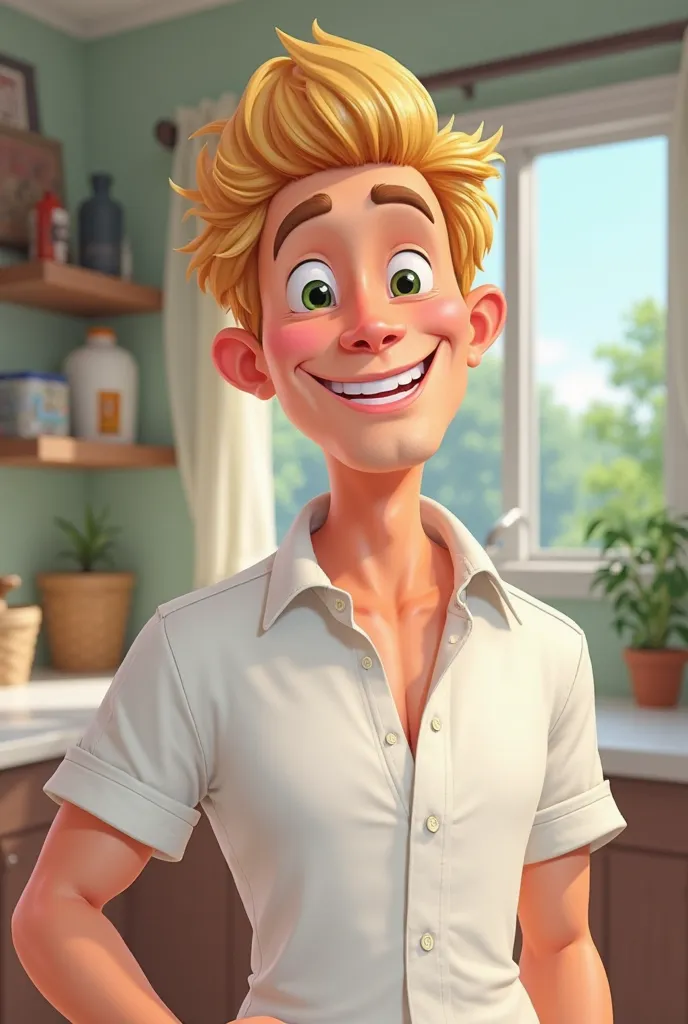 It's a guy, blonde, very white, smiling, whipping, background in the house, cool, 25, no mustache, no beard, face wearing a white shirt, pink mouth, australian, cartoon