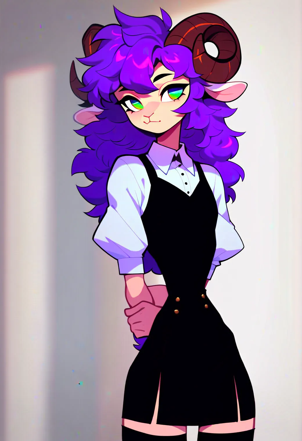 typh, by typh, ram boy , best quality , lamb ears  , (sheep horns :1,5) big sheep horns ,fluffy, Very detailed illustration , ( Anthropomorphic lamb boy:1,7), Light skin , purple hair, green eyes, (19 years old) disheveled fluffy hair , seductive look fell...