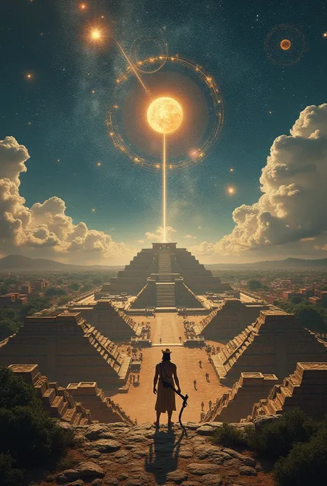 "An aerial view of Teotihuacan, showing its alignment with the stars. The city’s massive pyramids perfectly match celestial formations. A lone ancient astronomer stands with a stone instrument, calculating the movements of the heavens, while mysterious ene...