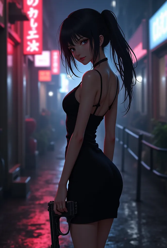 A Japanese anime where a cute  assassin girl wears a black sleeveless mini dress and poses beautifully with stilettos 