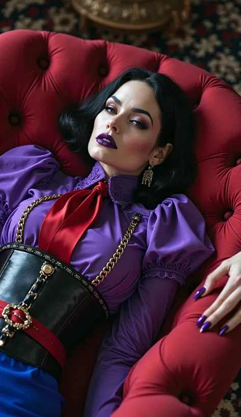 Angelina jolie laying on a coutch, vampire, blood, nosferatu, dracula, governant, pale latex skin, mistress, dominatrix, latex, metalic, metalic chains, metalic earings, purple latex heavy high neck blouse, puffy latex sleeves, red latex blood latex tie, b...