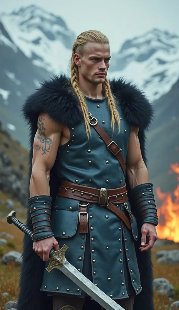 Viking Warrior, Young man , without beard with blue sleeveless studded leather armor, black bear skin on shoulders, Shoulder-length braids blonde, Sword with blade of fire