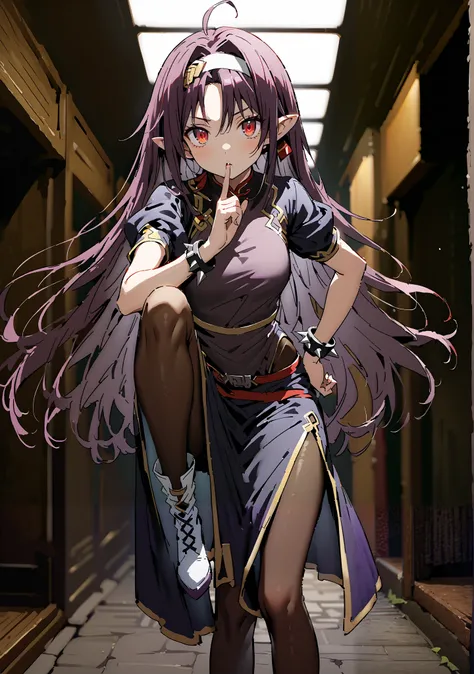 score_9, score_8_up, score_7_up,  source_anime,
 yuukiKonno, Konno Yuuki, headband, long hair, pointed ears, purple hair, red eyes, double chauban ,serious,close your mouth,chunlicosplay, Chunli \(cosplay\), blue  dress, boots, bracelet, brown pantyhose, c...