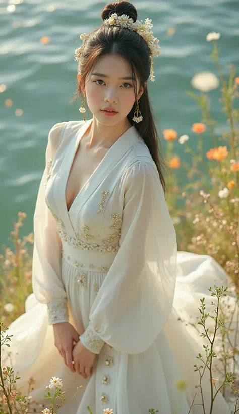 8k,  Japanese woman full body pose ,  , modest dress white  ,  ancient style, In nature.,extreme wide shot,Top perspective,TOP-DOWN VIEW, Spectacular Scale ,Central Theme,woman in In  modest dress white , flower petals scattered around in a simple dress, ,...