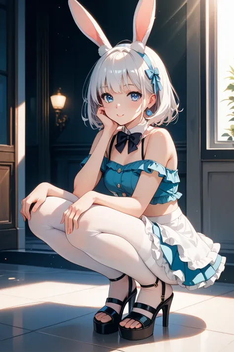 anime style, anime manga drawing, Girl. a cute character. long straight white hair and Blue eyes, off shoulder sleeveless crop top with 3 buttons, frilled skirt, white tights, high heels sandals, rabbit ears, looking directry at the camera, squatting down,...