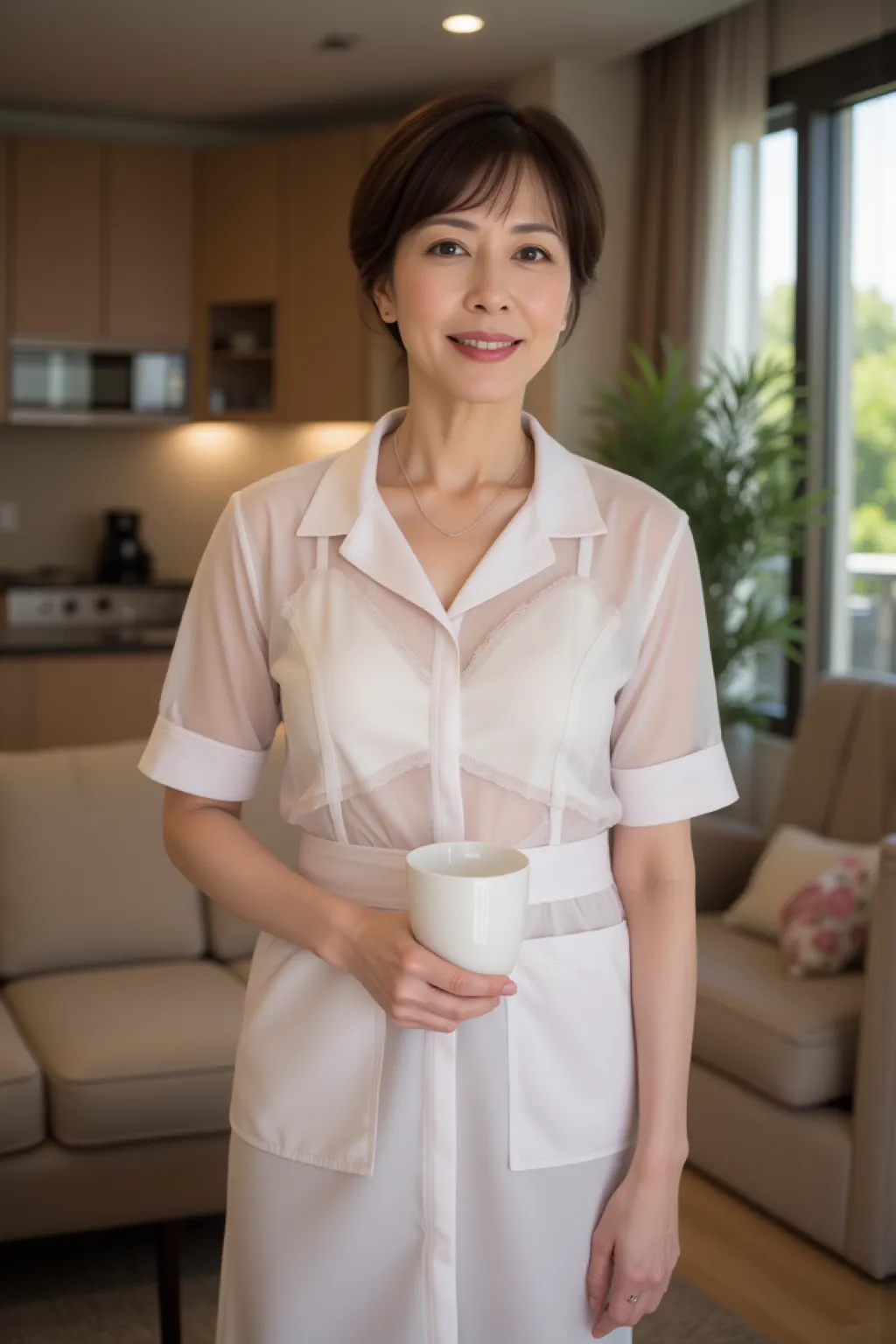 full body photo of an elegant 50-year-old Japanese woman, kind smile、(Facial wrinkles、 nasolabial fold:0.1)、Middle-aged appearance ,  front view、Sheer nurse uniform with sheer bra see-through、 standing in the living room with a coffee cup、 Fine laugh lines...