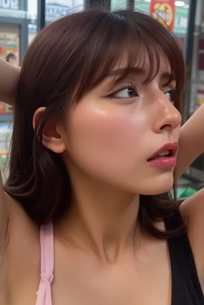 
super realistic,   beautiful brown-haired woman closing her eyes and shouting  , (( pink tie ,))  sex in the back room of a Japanese convenience store ,  storehouse , ((   Screaming Orgasm with His Head Back  )) ,  close-up with my eyes closed , (  8Kウルトラ...