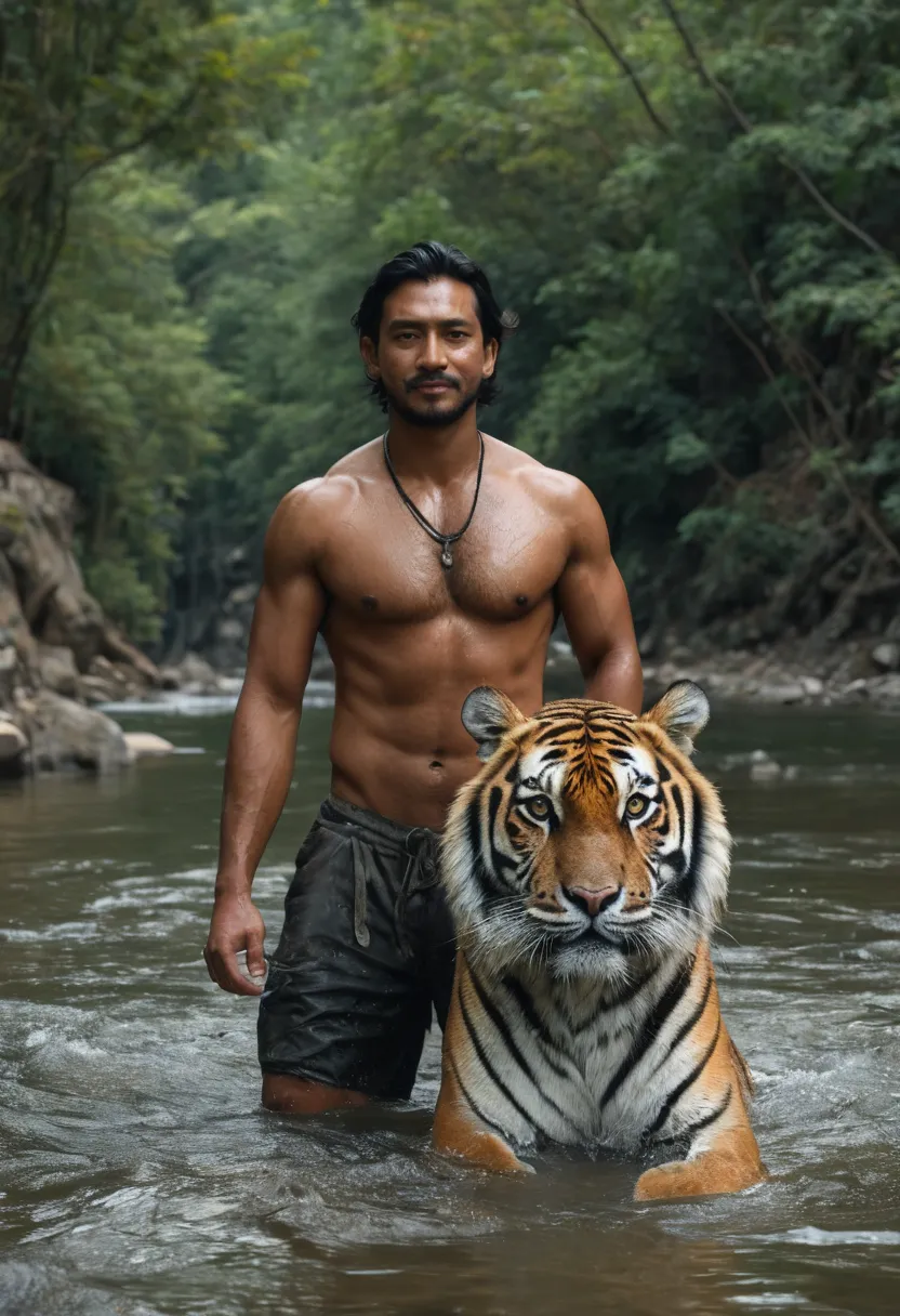  tiger with  handsome hairy nepali  men in river. Realistic High quality hd High detailed masterpiece 8k 