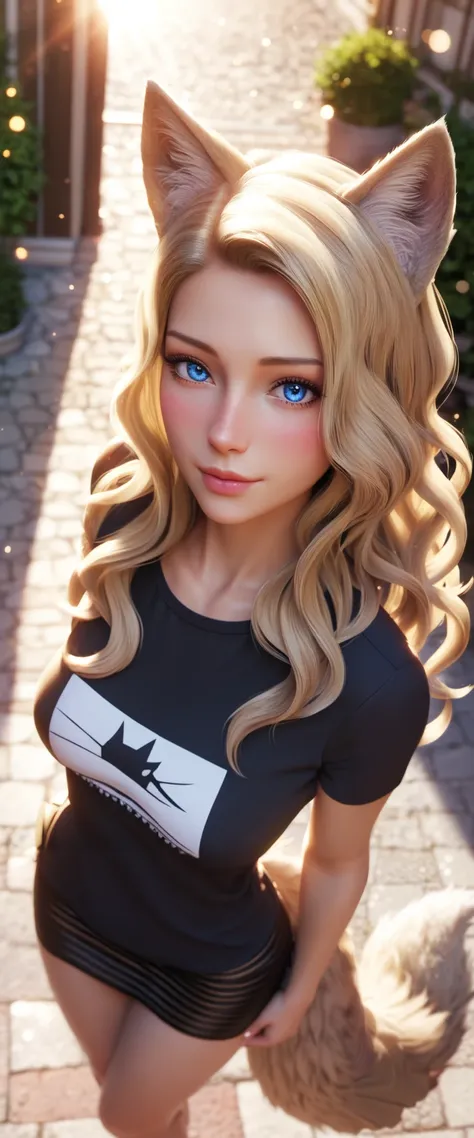 masterpiece, best quality, wolf girl, elegant, 1girl, wolf ears, wolf tail, cute, blushed, looking at viewer, from above, blonde wavy hair, mini skirt, white and black striped T-shirt, blue eyes, beautiful eyes, beautiful background, light particles, sun r...