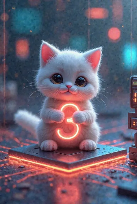 A little cat is sitting on a chip-based background holding the number 3.