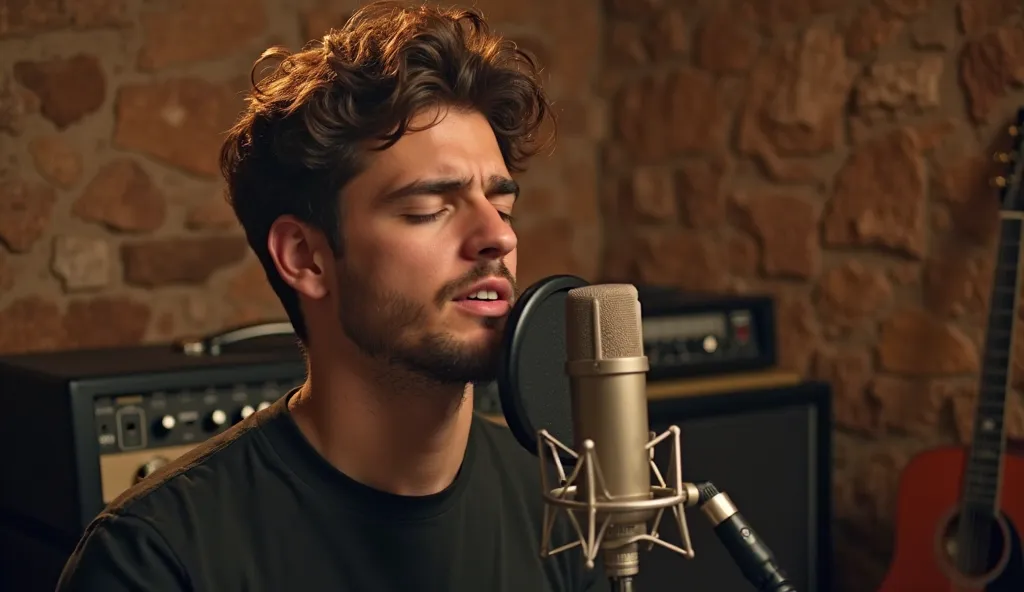 A young man singer with eyes closed in front of a professional studio microphone.  The microphone is a high-end condenser type with a pop filter attached to its stand. The recording studio has a warm and intimate atmosphere, with a rustic textured wall in ...