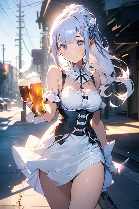 (masterpiece:1.2), (best quality:1.2), newest, intricate details, perfect anatomy, 1girl:1.2, (emilia (re:zero):1.2), ((plain white wedding dress:1.1, long dress:1.2, off-shoulder dress:1.5, sleeveless:1.3, front slit:1.3, torn dress skirt:1.4, white elbow...