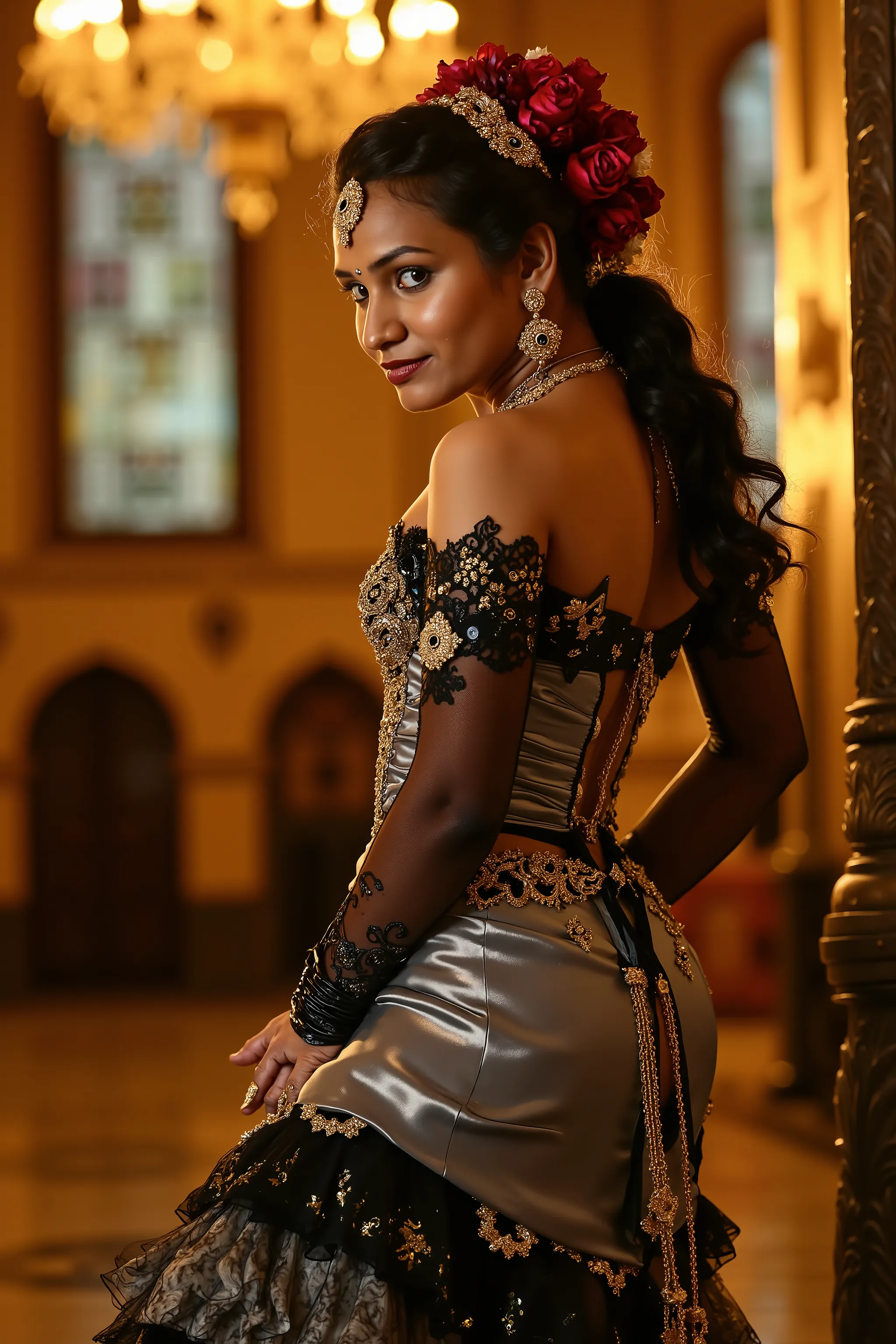 Inside a grand candle-lit cathedral in Seville, a hypnotic, dusky-skinned Tamil beauty moves like a living flame. Her waist-length, raven-black hair is styled in a regal half-updo, adorned with deep crimson roses, golden chains, and bejeweled Spanish combs...