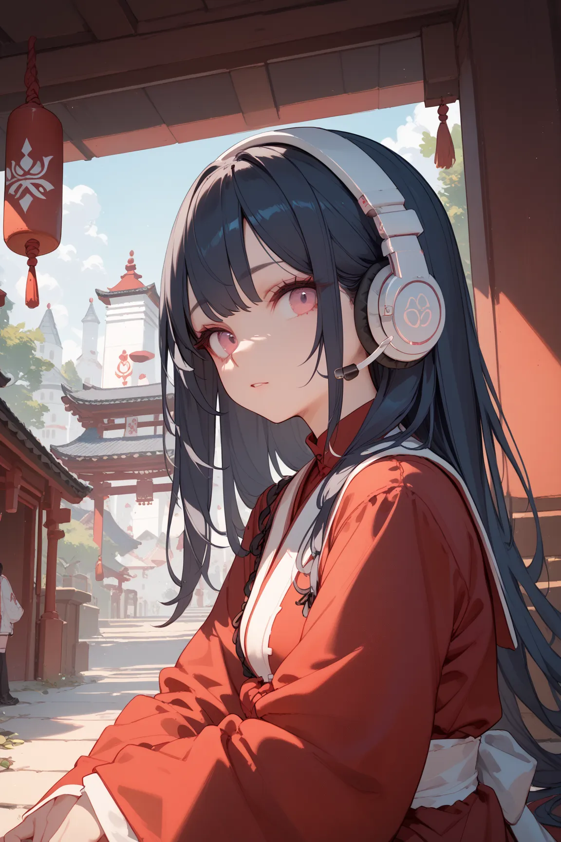 high quality, pretty girl, long hair caught in a hole, smiles, dark blue hair,  red mesh hair,  pink eyes, White Shrine Maiden Outfit, Silver headphones, black ribbon, bust up, sitting ,City