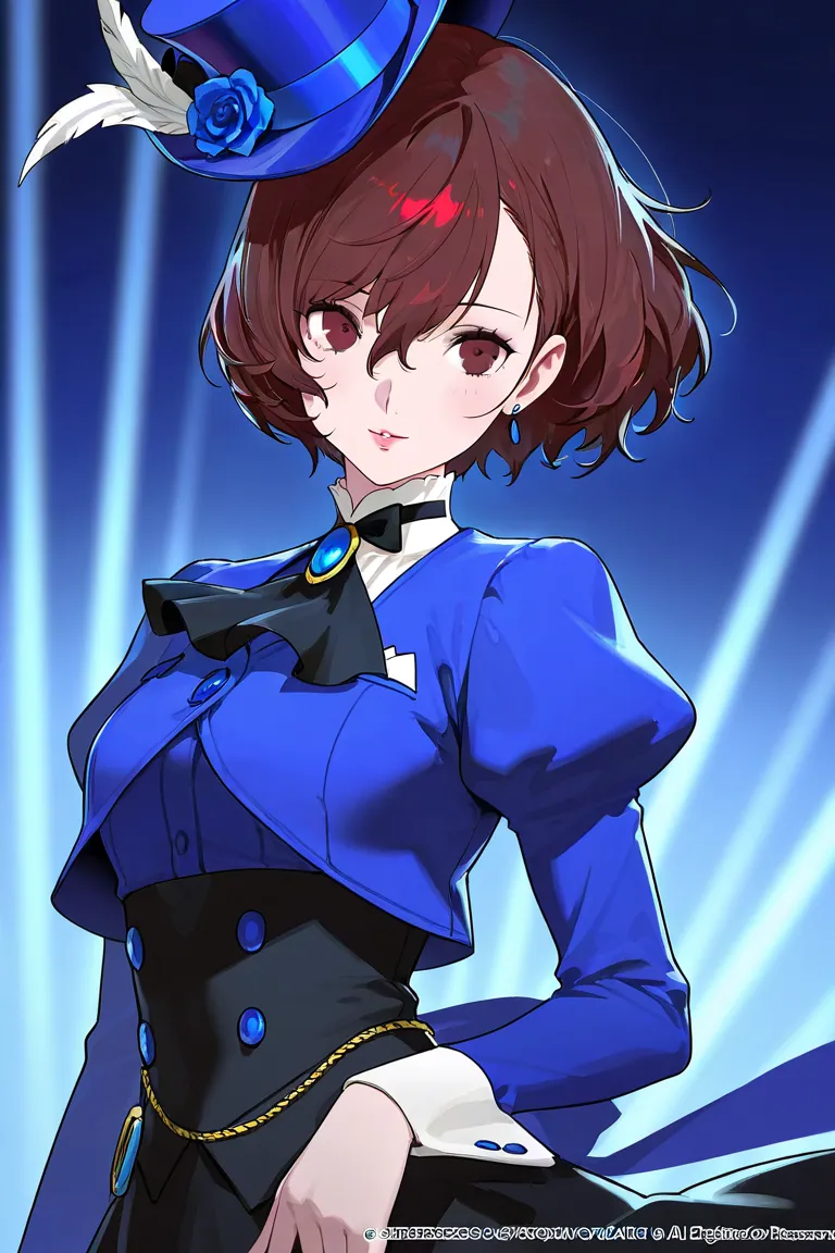 original character,  persona 5 royal artstyle, a velvet room uniform girl, a gorgeous woman wearing a blue elegant uniform