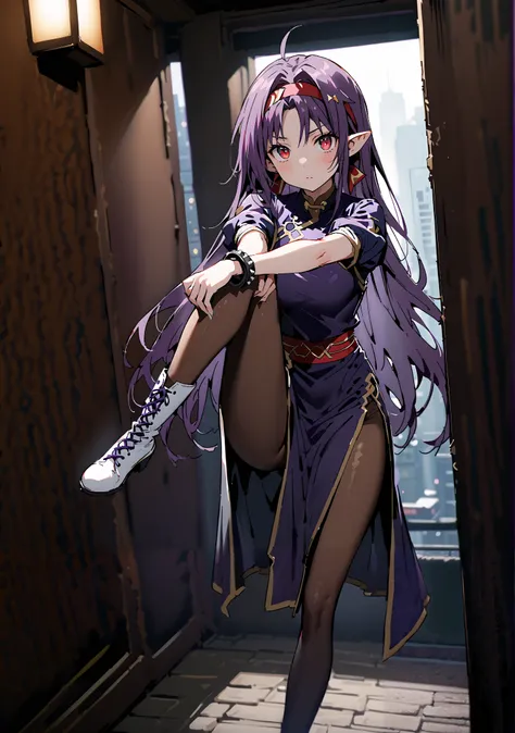 score_9, score_8_up, score_7_up,  source_anime,
 yuukiKonno, Konno Yuuki, headband, long hair, pointed ears, purple hair, red eyes, double chauban ,serious,close your mouth,chunlicosplay, Chunli \(cosplay\), blue  dress, boots, bracelet, brown pantyhose, c...