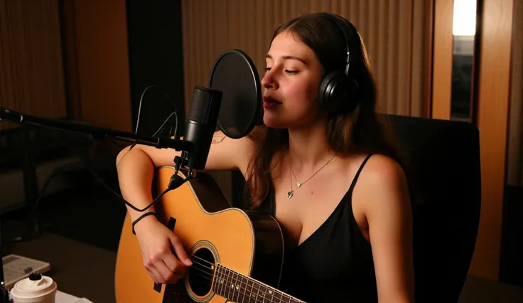 A young woman with long, wavy brown hair and fair skin, She wears a black silky slip dress with thin straps, sitting in a professional recording studio, playing an acoustic guitar and singing with deep emotion. She wears high-quality studio headphones, her...