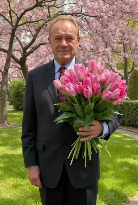 a 50-year-old man is standing in a stylish black suit, a huge bouquet of pink tulips in his hands, spring street , the park is very beautiful