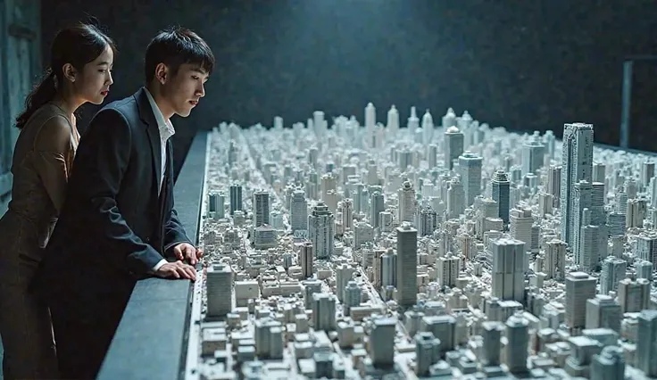 "A vast and highly detailed miniature diorama of Seoul, stretching wide with countless tiny skyscrapers, bridges, and streets forming an intricate cityscape. The buildings are very small, making the city model feel delicate and finely crafted. A young man ...