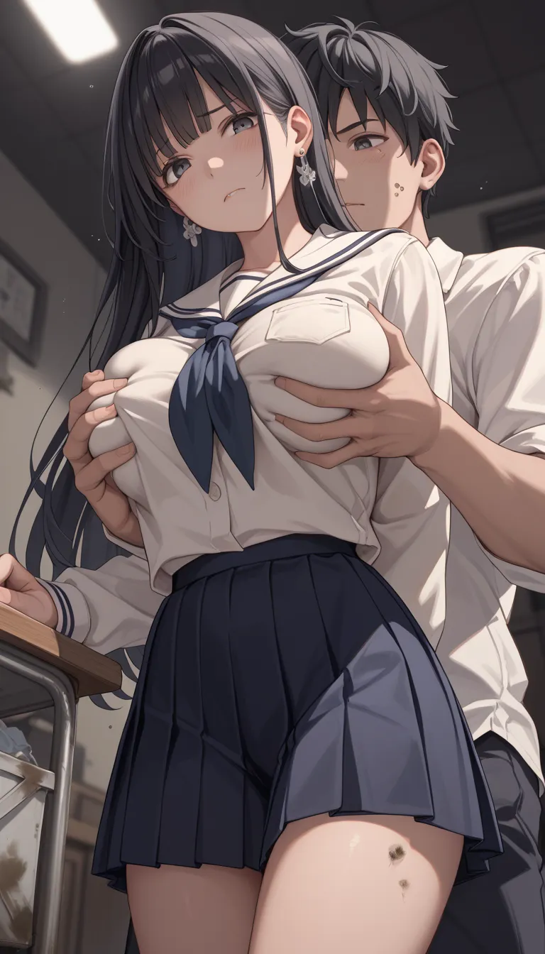  Female High School Student Who Came to Clean a Dirty Dirty Room、 Trash Scattered in the Dark Room 、 angle from below、 super low angle、 Big Breasts 、 flashy earrings and  black long hair、 cool face 、Neat Kogal 、 Female High School Student style Uniform sho...