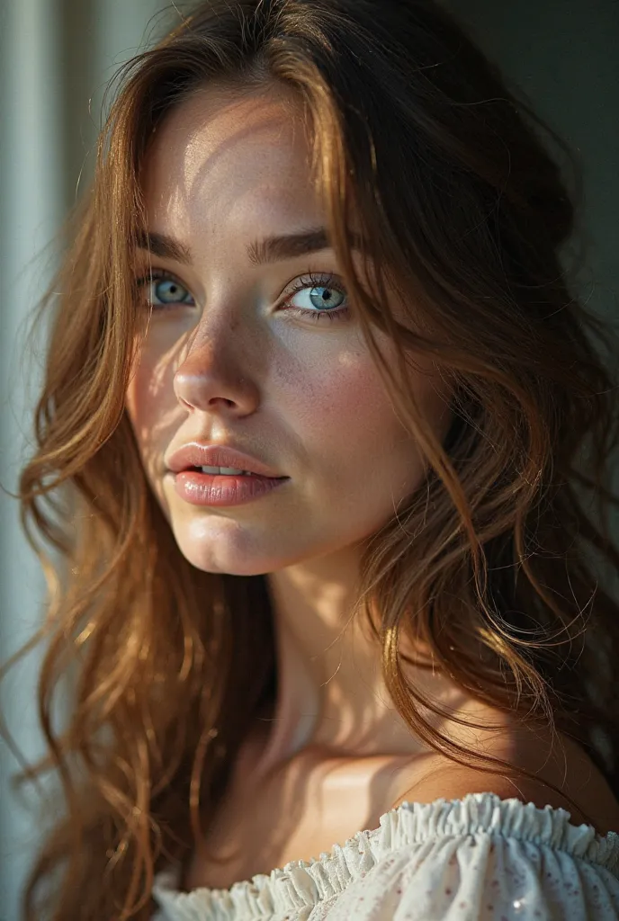 A breathtaking portrait of a unique woman with flowing brown hair and mesmerizing blue eyes. Her ethereal beauty and enigmatic charm are captured in soft, luminous light, evoking both timeless elegance and modern allure