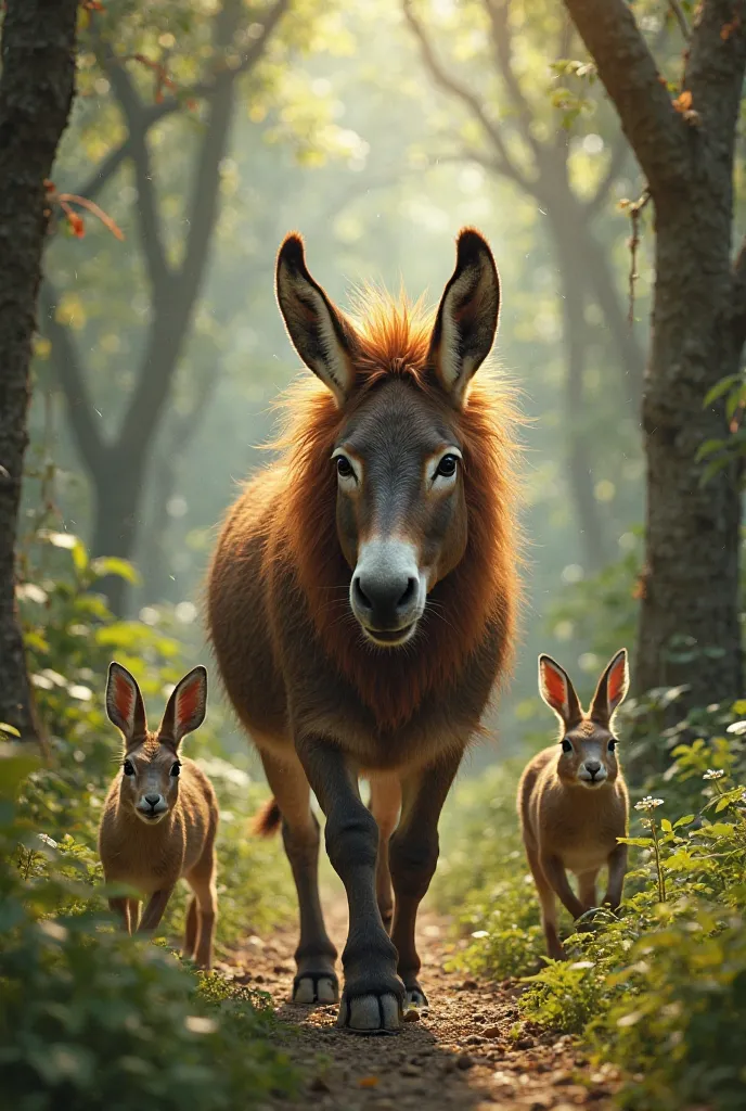 "A donkey wearing a lion's skin walks confidently in the jungle, thinking he is powerful. Other animals like deer, rabbits, and monkeys look frightened and run away. The jungle is lush with tall trees, green grass, and soft sunlight filtering through the l...