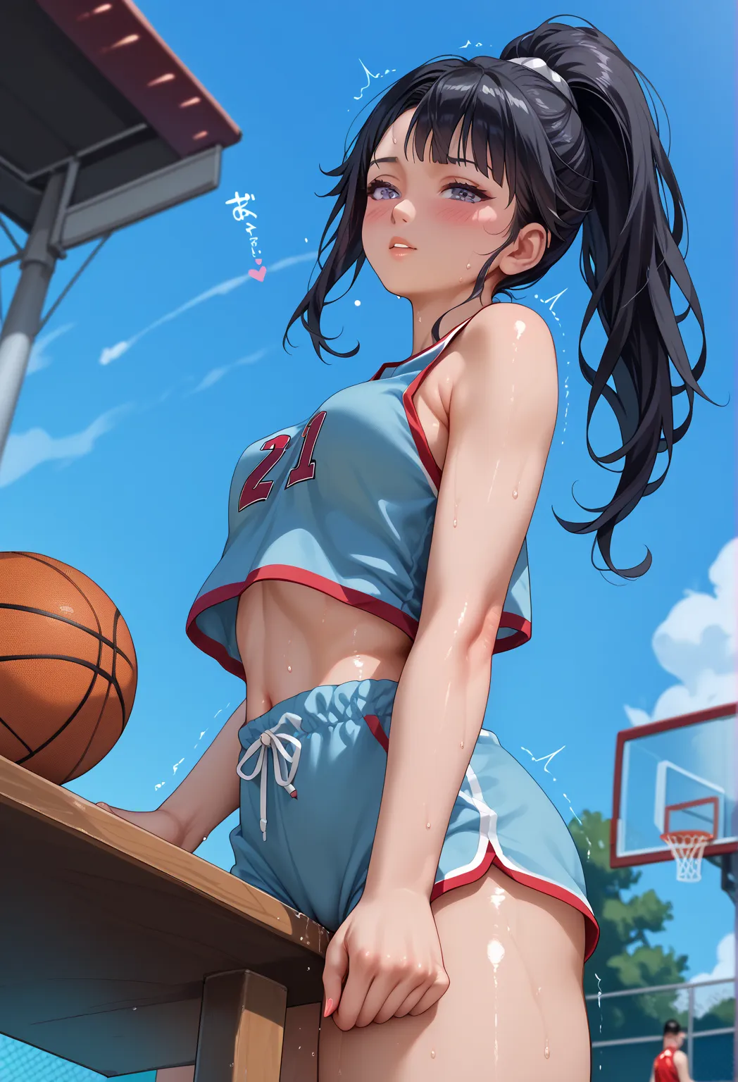 Basketball Uniforms, sleeveless ,1 girl, Alone,is。,so cute,small breasts, one woman , original style,  super high quality , , beautiful,super detailed skin, 、real skin、High Resolution, New Illustrations ,  shiny skin that rubs my chest,, defenseless, Very ...