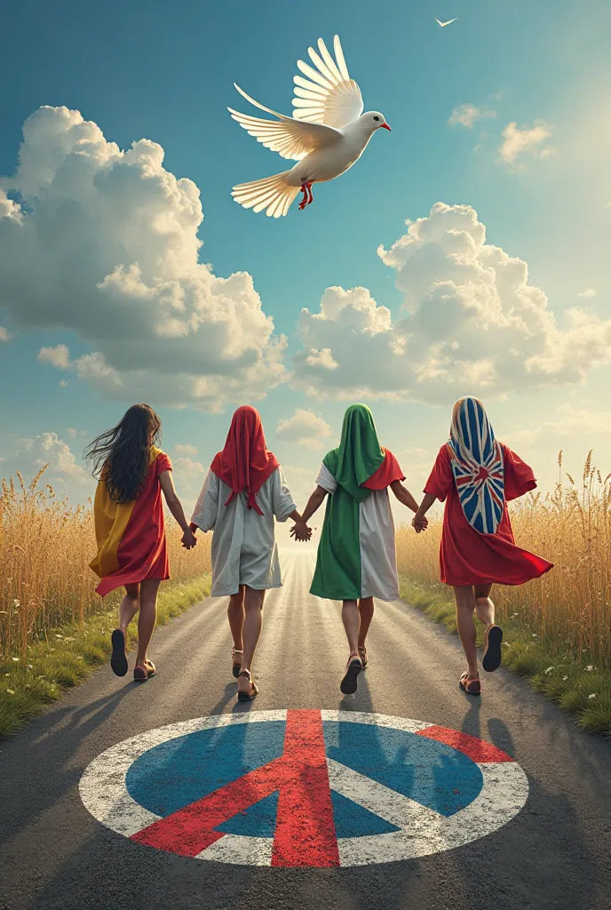 While the peace symbol is found horizontally drawn on the ground in the world, ren from all nations run towards the peace symbol wearing clothes made of the flags of their own countries, and when each  holds hands around the symbol, a large white dove will...