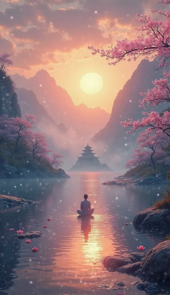 "An ultra-HD, 8K wallpaper inspired by peace, tranquility, and spirituality. A mesmerizing landscape with a golden sunrise over misty mountains, a calm river reflecting the sky, and a serene temple or meditation spot in the distance. Soft ethereal lighting...