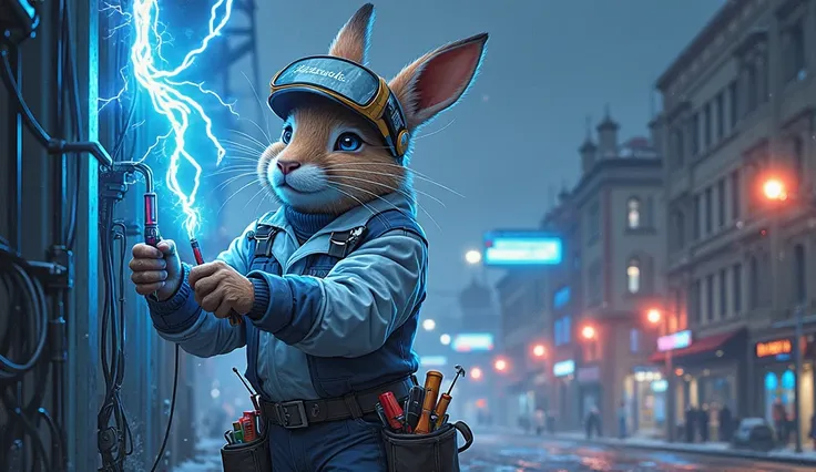 Create a highly detailed digital illustration of an anthropomorphic character — an electrician hare named 'PITERVOLT'.
His clothes should have Pitervolt.ru written in large letters

The character should be depicted in a dynamic pose, performing electrical ...