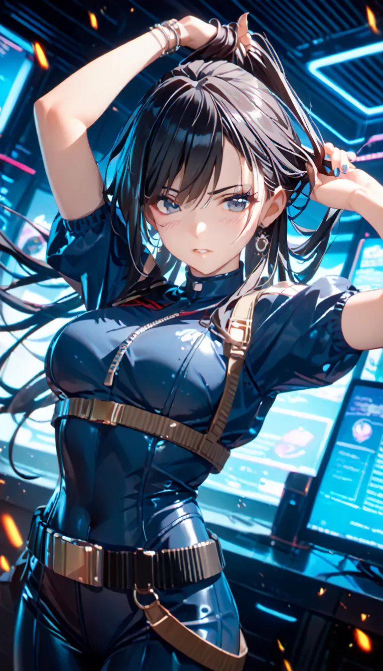 blue bodysuit、highlight body lines、 black hair、semi-long hair、beauties、Mechanical Watches、Cyberpunk、sci-fi animation、Pistol、thick metal belt、Hair Pull Up Pose