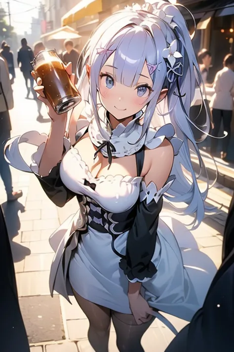 (masterpiece:1.2), (best quality:1.2), newest, intricate details, perfect anatomy, 1girl:1.2, (emilia (re:zero):1.2), ((plain white wedding dress:1.1, long dress:1.2, off-shoulder dress:1.5, sleeveless:1.3, front slit:1.3, torn dress skirt:1.4, white elbow...