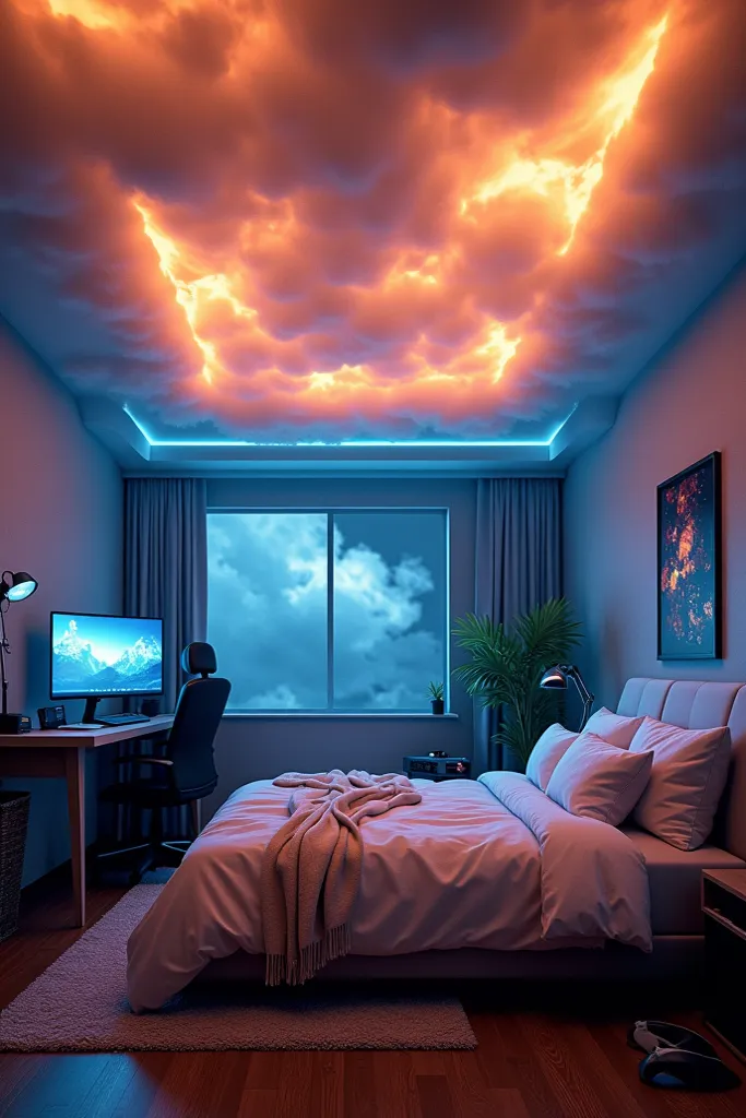 "A cozy bedroom/gaming setup with a ceiling covered in artificial glowing clouds. The clouds have a mix of warm orange and cool blue lighting, creating a stunning storm-like effect. The atmosphere is futuristic, moody, and immersive, with LED lights enhanc...