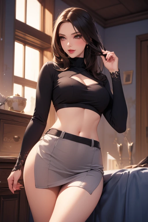 Best quality, 4K, Ultra best definition, Highest resolution, Masterpiece, (Mature adult woman) 1 human voluptuous woman (mature woman). Brown hair. Straight,. Long hair down to the back, ((Hair parted in the middle.)) () Long eyelashes, narrow, upturned ey...