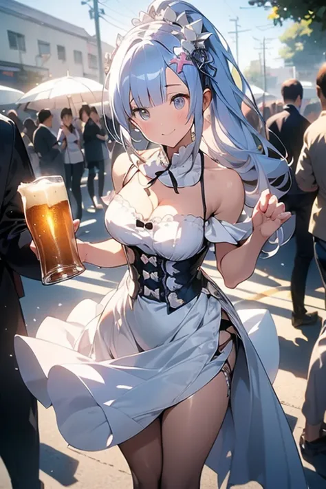 (masterpiece:1.2), (best quality:1.2), newest, intricate details, perfect anatomy, 1girl:1.2, (emilia (re:zero):1.2), ((plain white wedding dress:1.1, long dress:1.2, off-shoulder dress:1.5, sleeveless:1.3, front slit:1.3, torn dress skirt:1.4, white elbow...