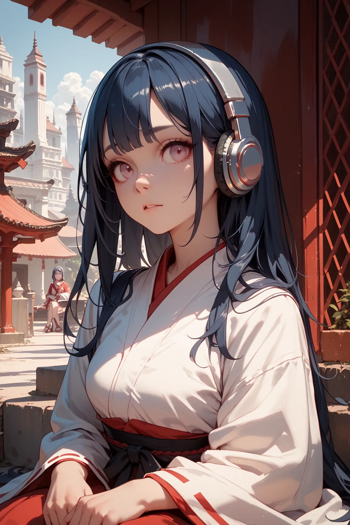 high quality, pretty girl, long hair caught in a hole, smiles, dark blue hair,  red mesh,  pink eyes, White Shrine Maiden Outfit, Silver headphones, black ribbon on the back of the head, bust up, sitting ,City