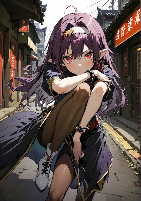 score_9, score_8_up, score_7_up,  source_anime,
 yuukiKonno, Konno Yuuki, headband, long hair, pointed ears, purple hair, red eyes, double chauban ,serious,close your mouth,chunlicosplay, Chunli \(cosplay\), blue  dress, boots, bracelet, brown pantyhose, c...