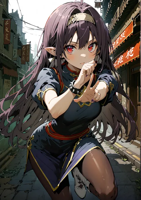 score_9, score_8_up, score_7_up,  source_anime,
 yuukiKonno, Konno Yuuki, headband, long hair, pointed ears, purple hair, red eyes, double chauban ,serious,close your mouth,chunlicosplay, Chunli \(cosplay\), blue  dress, boots, bracelet, brown pantyhose, c...
